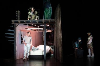 Vergrößerte Ansicht von Bühnenbild zeigt zwei Ebenen. Unten ein rosa-farbenes Schlafzimmer, oben ein Libellenflügel.