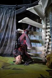 Vergrößerte Ansicht von Person in schwarz-rot hängt grinsend kopfüber von einer Wendeltreppe, die wie eine Wirbelsäule aussieht.