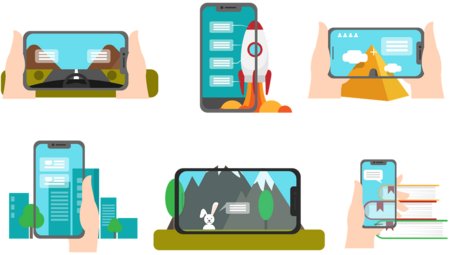 Vergrößerte Ansicht von Eine Illustration zeigt sechs Handys, auf denen Spiele und Anwendungen laufen.