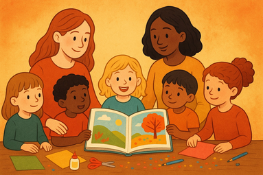 Vergrößerte Ansicht von Eine Illustration zeigt zwei Frauen und fünf Kinder an einem Tisch. Vor ihnen ein Bilderbuch und Bastelsachen.