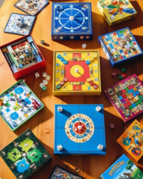 Vergrößerte Ansicht von Verschiedene Brettspiel-Boxen auf einem Holztisch.