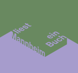 Vergrößerte Ansicht von Auf einem schräg liegenden grünen Buch steht in hellviolett: Mannheim liest ein Buch.