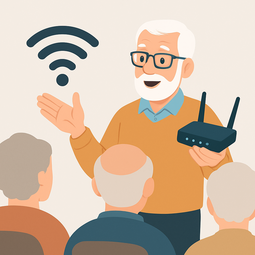 Vergrößerte Ansicht von Ein freundlicher älterer Herr mit weißem Haar, Brille und Vollbart erklärt einen WLAN-Router vor Publikum.