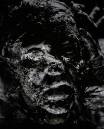 Vergrößerte Ansicht von Bild eines Videoscreens mit einem düsteren Gesicht.