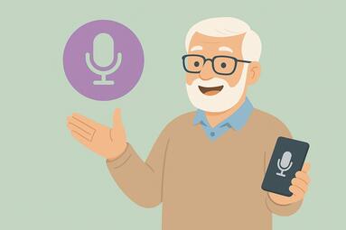 Vergrößerte Ansicht von Auf einer Illustration hält ein älterer Herr ein Smartphone mit einem Mikrofon-Symbol hoch.