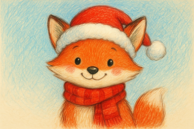 Vergrößerte Ansicht von Eine Buntstift-Illustration eines Fuchs mit Weihnachtsmütze und Schal.