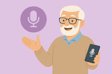 Vergrößerte Ansicht von Auf einer Illustration hält ein älterer Herr ein Smartphone mit einem Mikrofon-Symbol hoch.