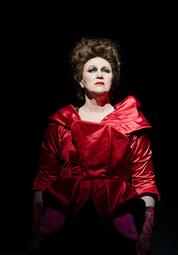 Vergrößerte Ansicht von Eine Person mit hochgestecktem, lockigem Haar trägt ein glänzendes, rotes Kleid mit auffälligen, voluminösen Details an Schultern und Taille. Die Ärmel des Kleides sind dreiviertellang, und die Person steht vor einem schwarzen Hintergrund, wobei das…