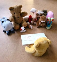 Vergrößerte Ansicht von Ein Stofftier liest anderen aus einem Kinderbuch vor.