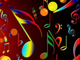 Vergrößerte Ansicht von Bunte Musik-Noten auf dunklem Grund.