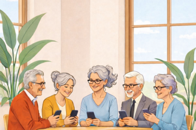 Vergrößerte Ansicht von Illustration: Fünf ältere Menschen sitzen mit einem Smartphone in der Hand zusammen.