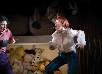 Vergrößerte Ansicht von Person mit rotem Haar und weißer Bluse in einer dynamischen Pose vor einem Regal mit mehreren Kuscheltieren