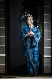 Vergrößerte Ansicht von Person in blauem Kimono mit floralem Haarschmuck hält einen Zweig mit weißen Blüten vor dunklem Hintergrund
