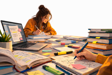 Vergrößerte Ansicht von Eine Jugendliche lernt inmitten von Lernmaterialien.