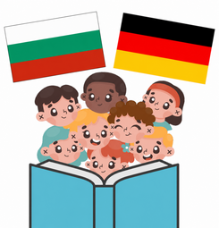Vergrößerte Ansicht von Eine Illustration im Comic-Stil. Hinter einem hellblauen, aufgeschlagenen Buch acht vergnügte Kinderköpfe. Über ihnen die britische und die deutsche Flagge.