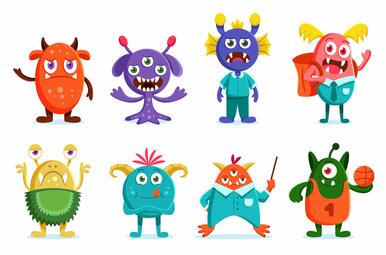 Vergrößerte Ansicht von Illustration: acht fröhliche, bunte Comic-Monster.