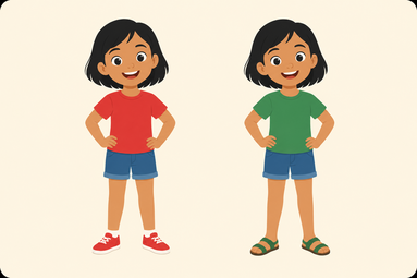 Vergrößerte Ansicht von Das gleiche Mädchen zweimal nebeneinander: links mit rotem T-Shirt und Sneaker, rechts mit grünem T-Shirt und Sandalen.
