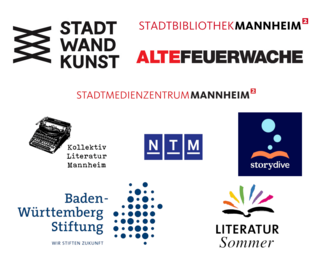 Vergrößerte Ansicht von Eine Logo-Collage: Stadt.Wand.Kunst. Stadtbibliothek Mannheim. Alte Feuerwache. Kollektiv Literatur Mannheim. NTM. storydive. Baden-Württemberg Stiftung. Literatur Sommer.