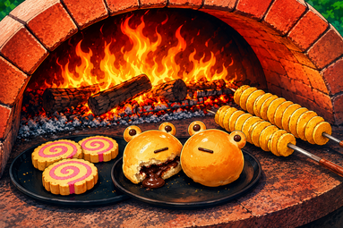Vergrößerte Ansicht von Japanische Snacks vor einem Pizza-Ofen.