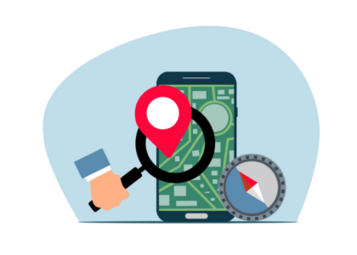 Vergrößerte Ansicht von Eine Illustration zeigt eine Hand, die eine Lupe mit einem Standort-Pin vor ein Smartphone hält. Daneben ein Kompass..
