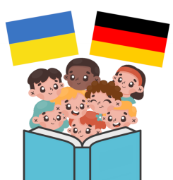 Vergrößerte Ansicht von Im Comicstil: Eine Gruppe Kinder steht hinter einem geöffneten Buch. Darüber befinden sich die ukrainische und deutsche Flagge.