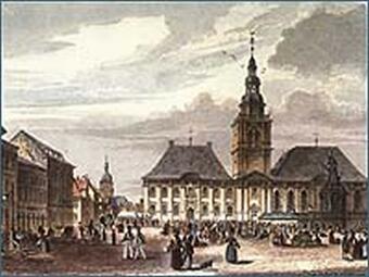 Vergrößerte Ansicht von Der Marktplatz mit dem Palais Hillesheim (links), um 1840
