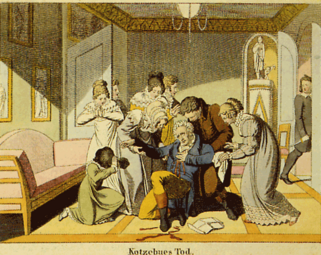 Vergrößerte Ansicht von Kotzebues Tod (Zeitgenössischer kolorierter Kupferstich)