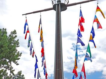 44 neue Flaggen wehen künftig zu Feiertagen sowie besonderen Anlässen am Rheinufer auf dem Lindenhof.