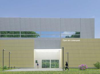 Gebäudeansicht der Interimsspielstätte "Oper am Luisenpark"