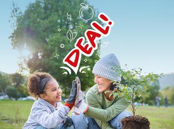 Frau und Kind pflanzen einen Baum und klatschen sich ab