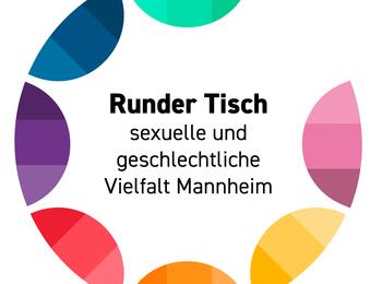 as Logo zeigt sechs Halbkreis in einem Rund mit einer Öffnung um den Schriftzug: Runder Tisch sexuelle und geschlechtliche Vielfalt Mannheim.