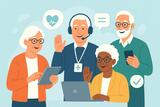 Eine Illustration zeigt zwei Männer und zwei Frauen mit weißen Haaren. Alle sind mit Tablet, Laptop, Kopfhörer oder Smarthone ausgestattet. Um sie herum verschiedene Gesundheitssymbole.