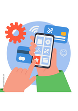 Jemand tippt auf ein Smartphone. Dahinter Bankkarten-, Zahnrad und WLAN-Funk-Symbole.