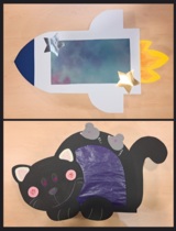 ein zweigeteiltes Bild mit den beiden Laternenmotiven, die gebastelt werden können: Oben eine Rakete und unten eine schwarze Katze