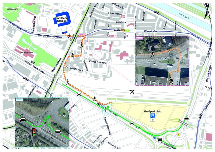 Der Fußweg von Parkplatz P20 zum Stadion.