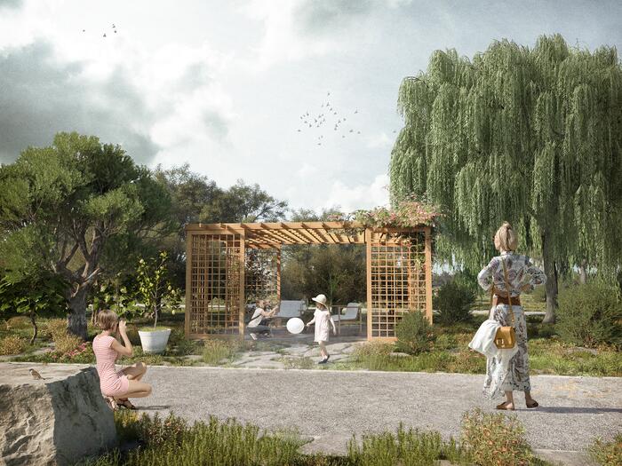 Visualisierung einer Teilansicht des geplanten Gartens der Partnerstädte auf der BUGA 23