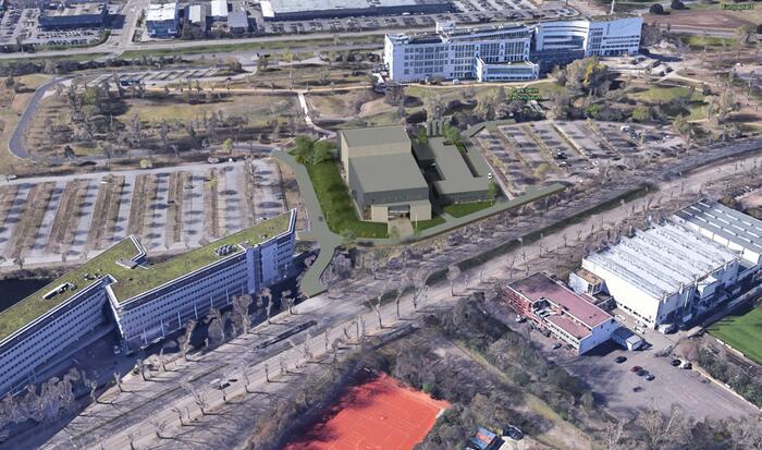 Luftansicht der Interimsspielstätte "Oper am Luisenpark" 