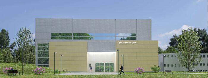 Gebäudeansicht der Interimsspielstätte "Oper am Luisenpark"