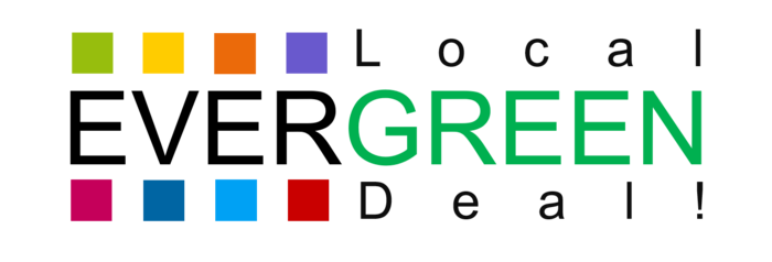 Buchstaben EVERGREEN mit 8 farbigen Kästchen für die Aktionsfelder