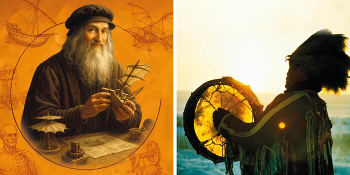 Plakatmotive zu zwei Sonderausstellungen: Links Leonardo da Vinci in seiner Werkstatt, rechts ein Schmane mit Handtrommel